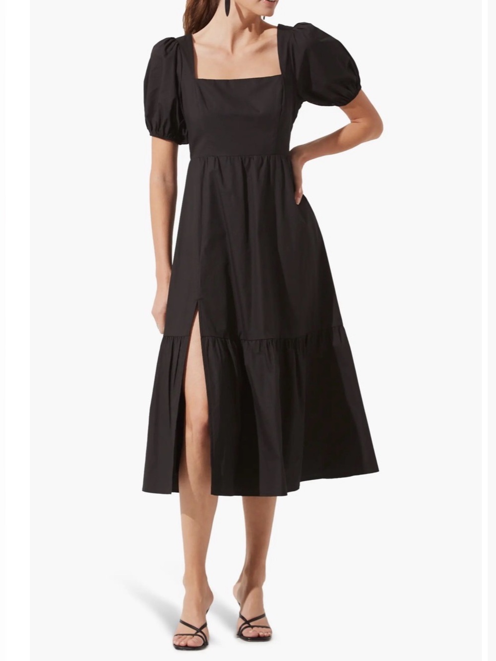 ASTR The Label Poplin Puff Sleeve Tiered Midi Dress Black Square Neck Sz Med